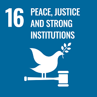 Sustainable Development Goal 16, Peace, Justice and Strong Institutions, infographic illustrating a peace dove and a gavel